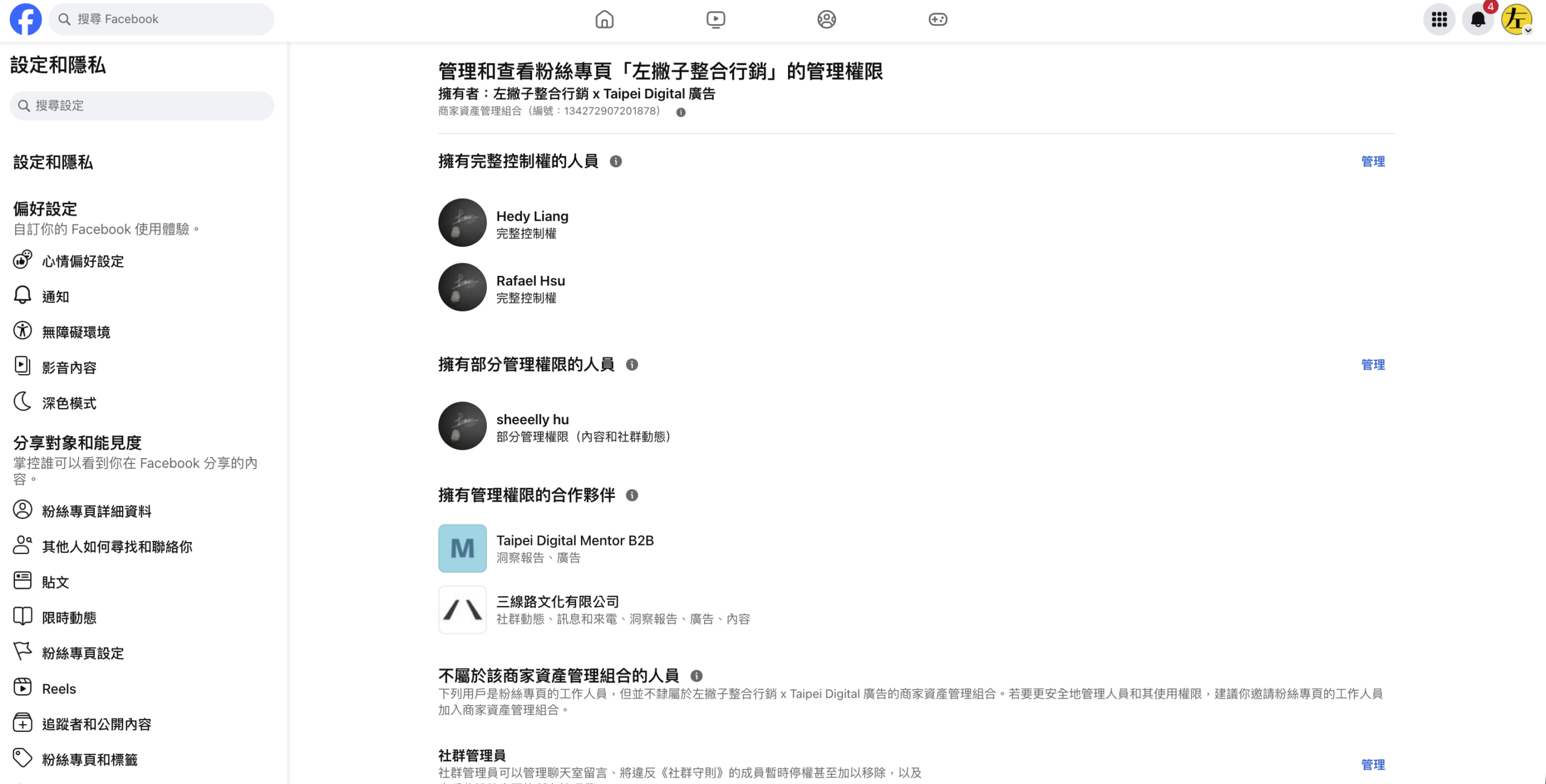 粉絲專頁管理權限頁面，顯示擁有管理權限的合作夥伴區塊